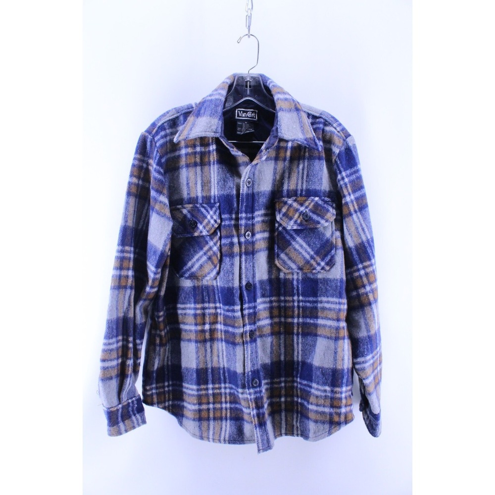 Vintage 70s Van Cort Heavy Flannel Shirt Mens Medium Plaid Rockabilly Wool Blend